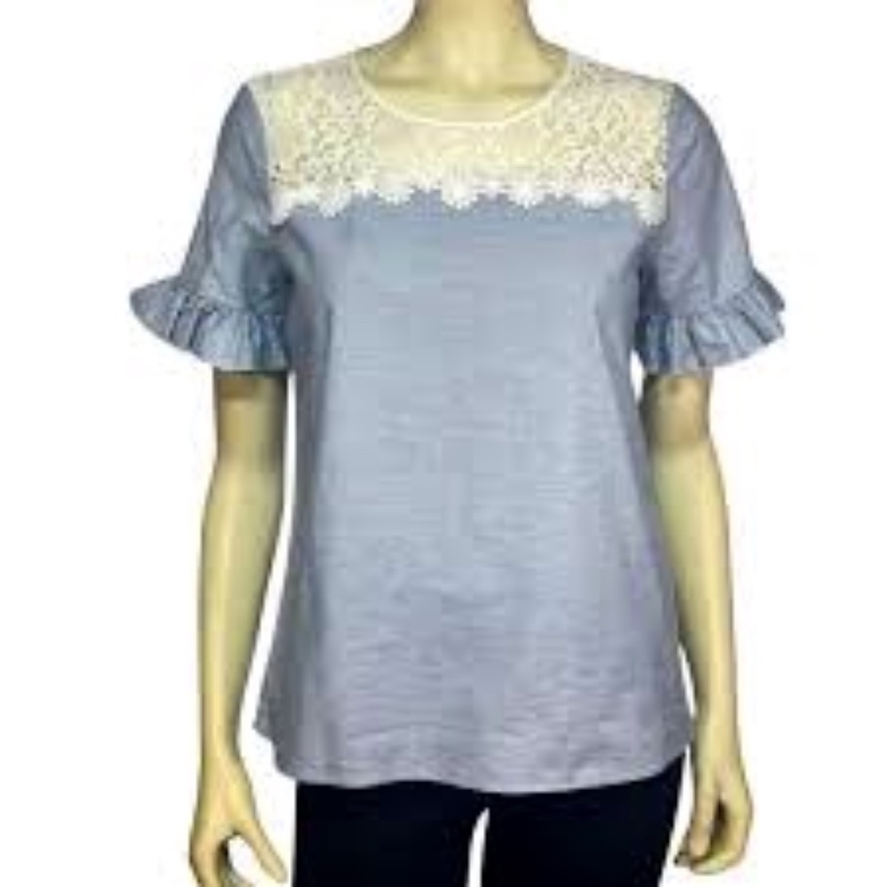 Karl Largerfeld Paris chambray lace yoke top blue/white‎ color